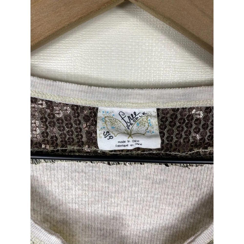 Free People Henley Thermal Top Beige Brown Sequin Lace Sz S Boho Y2K Waffle Knit - Image 6