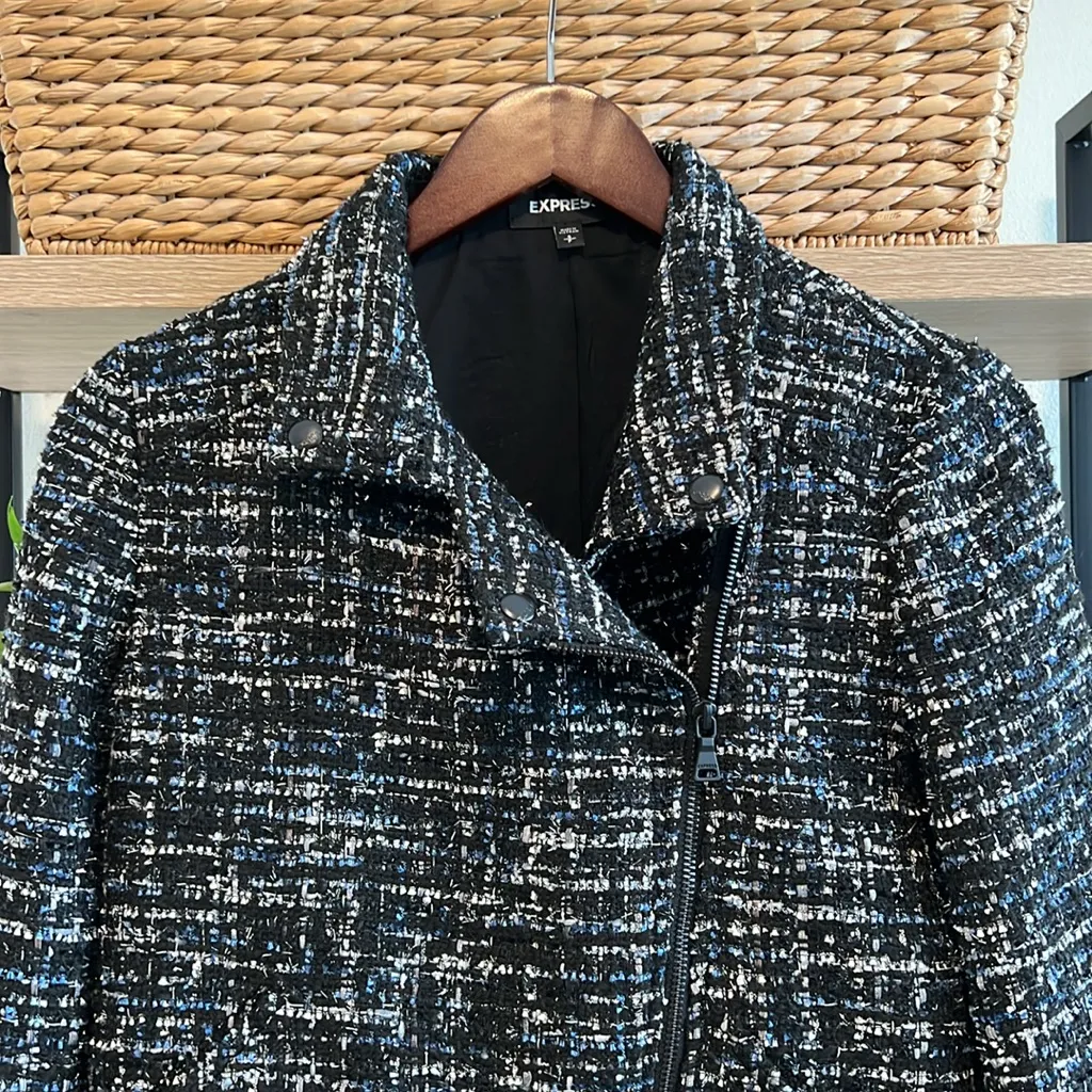 Express Tweed Asymmetrical Zip Blazer w/Pockets, S - Image 2