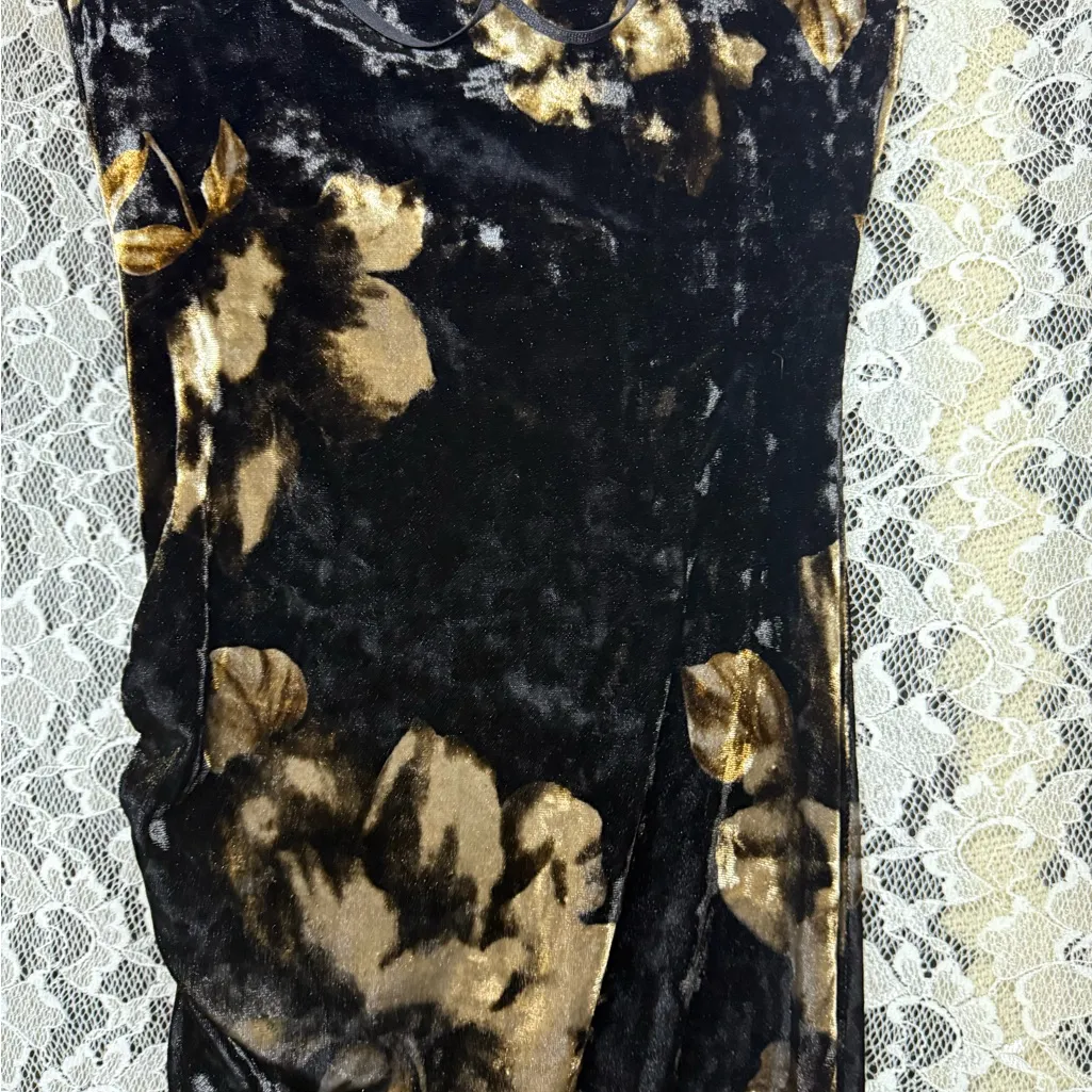 Black tan velvet asymmetrical Dress side ruching floral small adjustable straps - Image 8