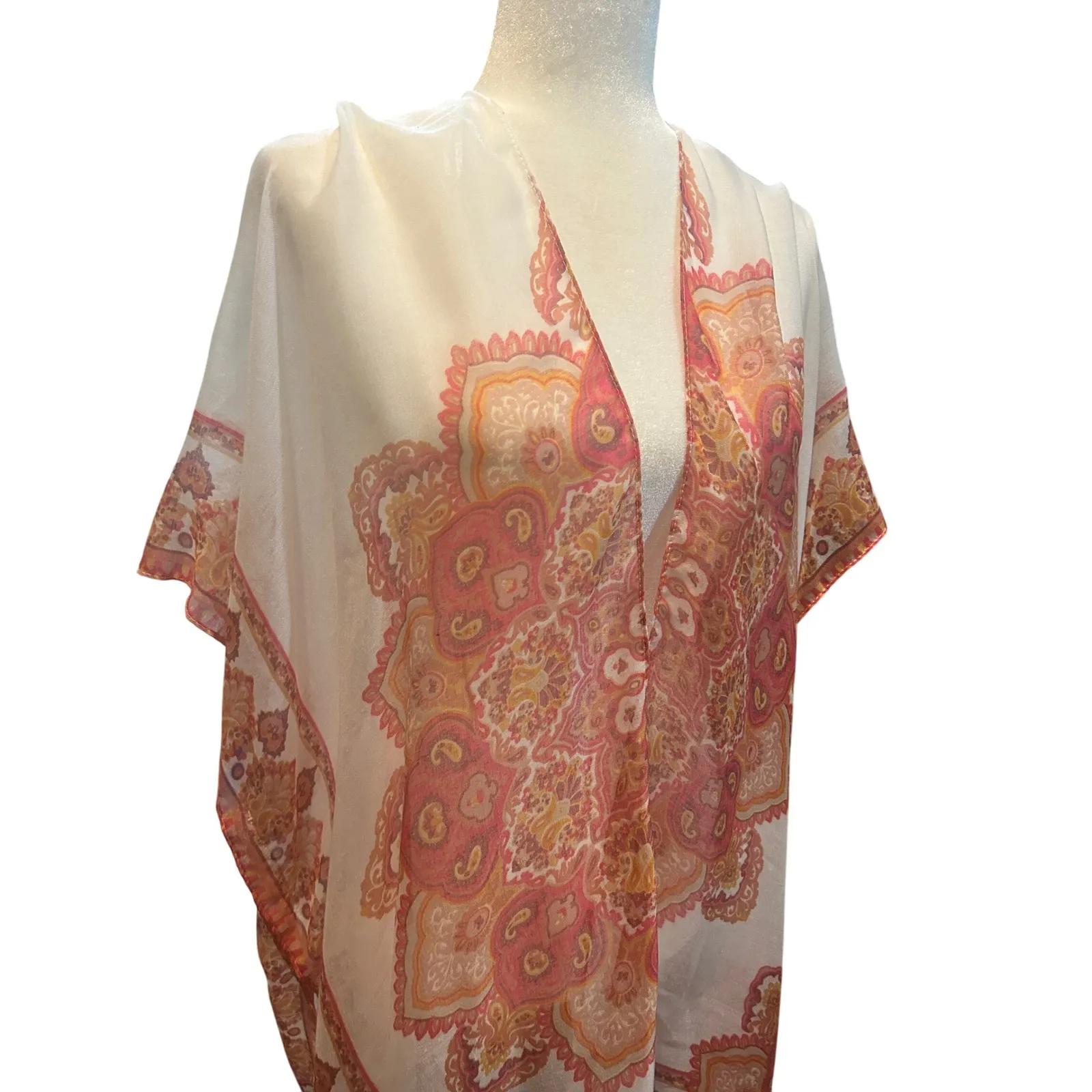 Kimono‎ Cover Up Shawl Duster Boho Festival Paisley Print Tassels Cream Pink - Image 2