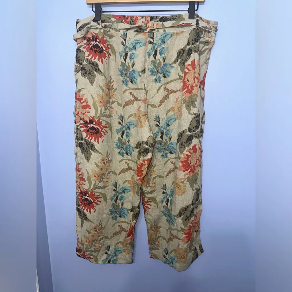For Cynthia Neutral Floral Linen Viscose Blend‎ Crop Wide Leg Pants Size L - Image 5