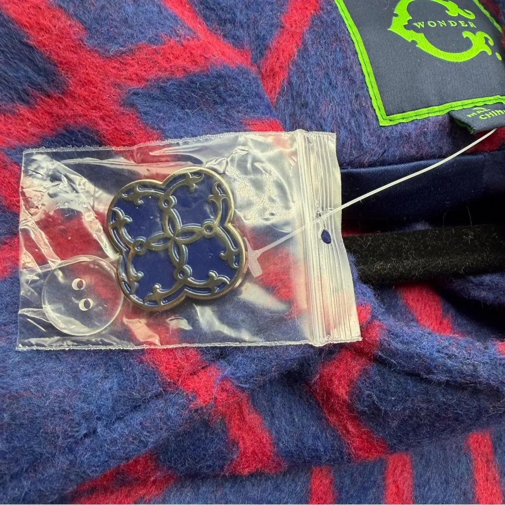 C. Wonder Diamond Print Long Sleeve Coat Wool Blend w/ Brooch Size S NWOT Soft Blue - Image 11