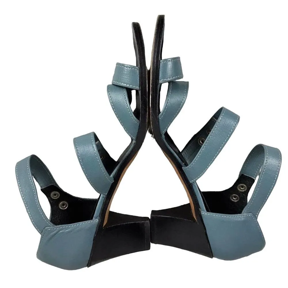 VINTAGE CHARLES JOURDAN Blue Leather Sandals Block Heels Italy 7.5 AA Narrow EUC - Image 5
