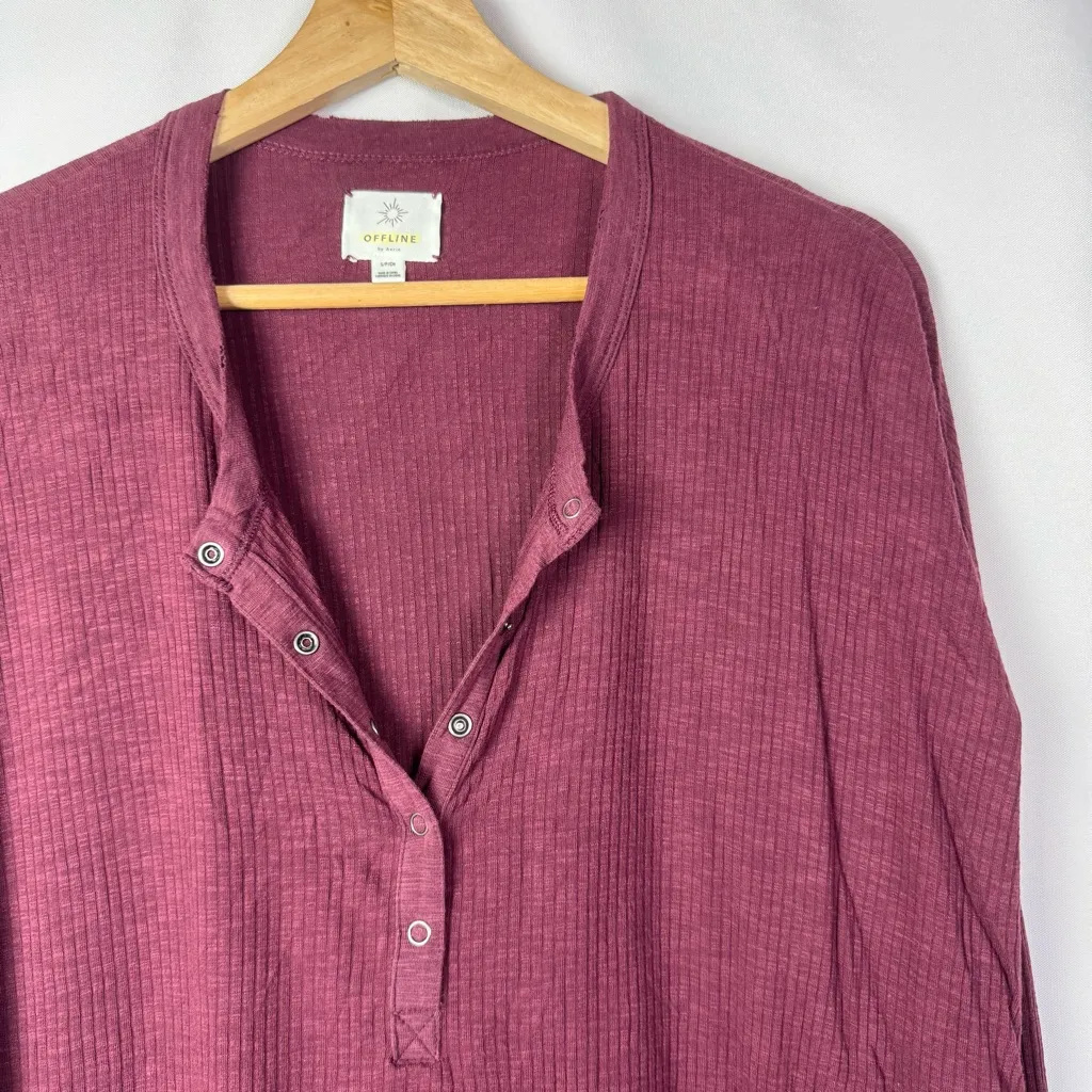 Aerie Offline Burgundy Red Ribbed Knit Relaxed Fit Henley Long Sleeve T-Shirt S - Image 3