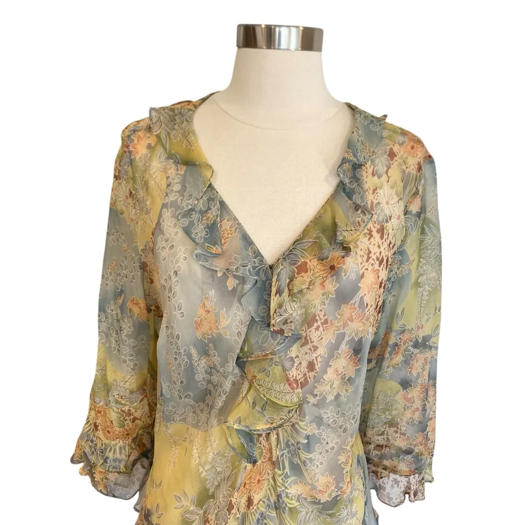 Y2K Silk Floral Ruffle Blouse Fairycore Sheer Top Size XL - Image 3