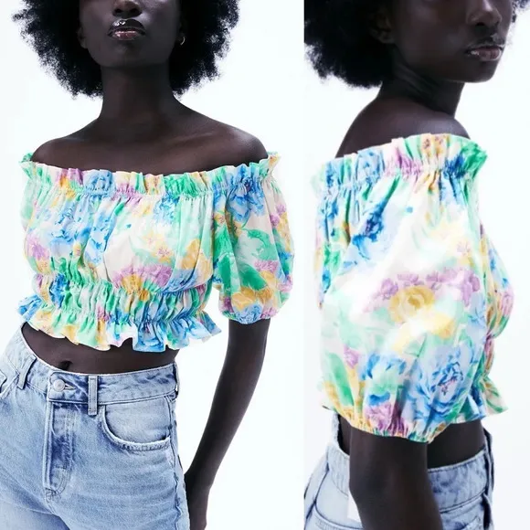 Zara Off Shoulder Puff Sleeve Cropped Top Pastel Floral Cotton Poplin Sz Large - Image 2