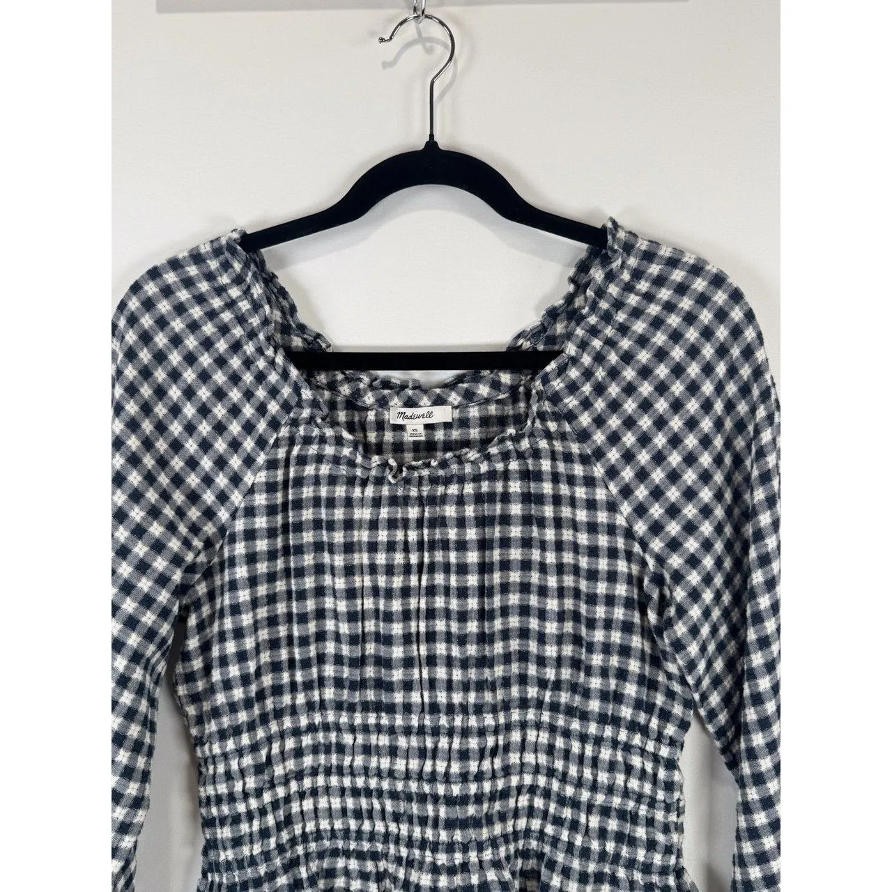 Madewell Womens Top Blue Sophie Textured Plaid Smocked Peplum Blouse Peasant XS - Image 7