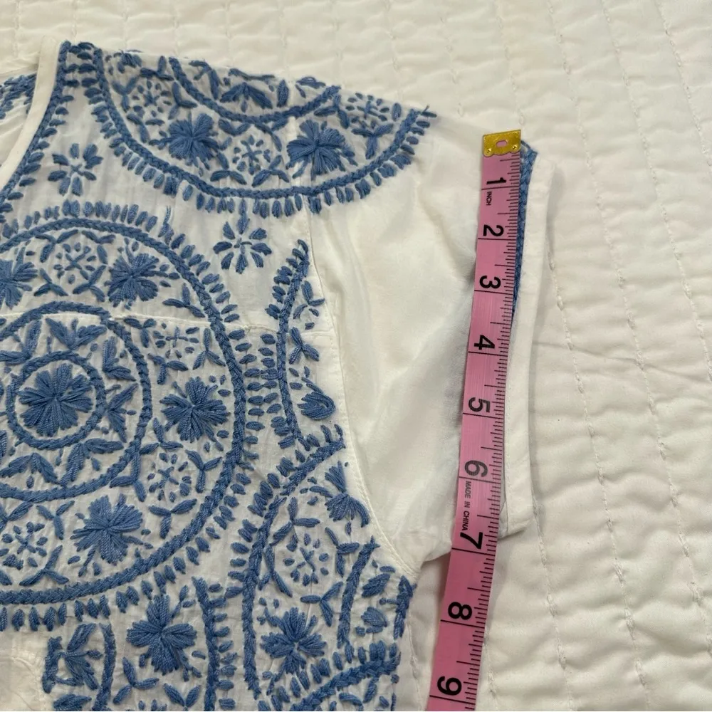 DOLMA White and Blue 100% Cotton Hand Embroidered Mini Dress Size M - Image 12