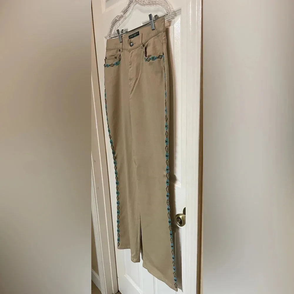 Ralph Lauren Jeans Co Western Beaded Flare Jeans Country Boho Beige Size 10 - Image 3