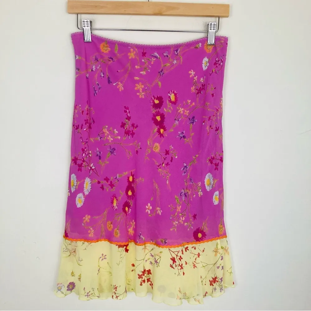Vintage United Colors of Benetton mixed fabric pink and yellow bias cut skirt. - Image 2