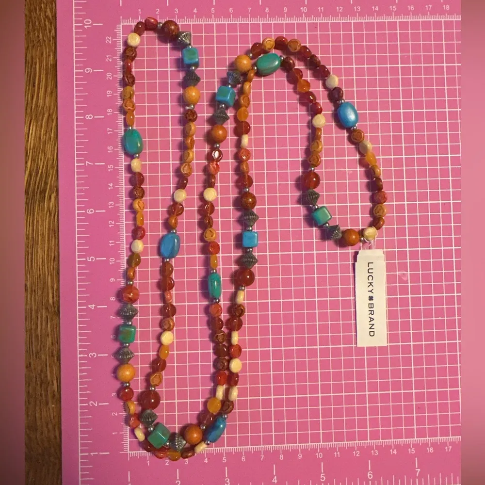 Lucky Brand necklace Amber Tibetan bluestone Sandalwood beads silver diamond 47” - Image 3