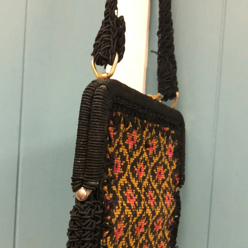 Vintage Miriam Lefcourt hand crafted Knitted Purse Rare tapestry purse 10” x 8” Black - Image 4