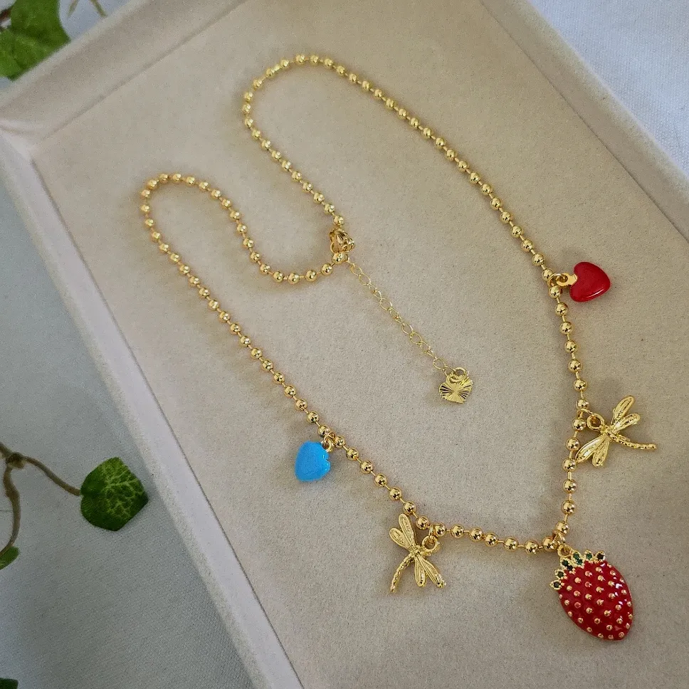 Gold Filled Chain Necklace with Strawberry Heart Dragonfly Charms - Image 2