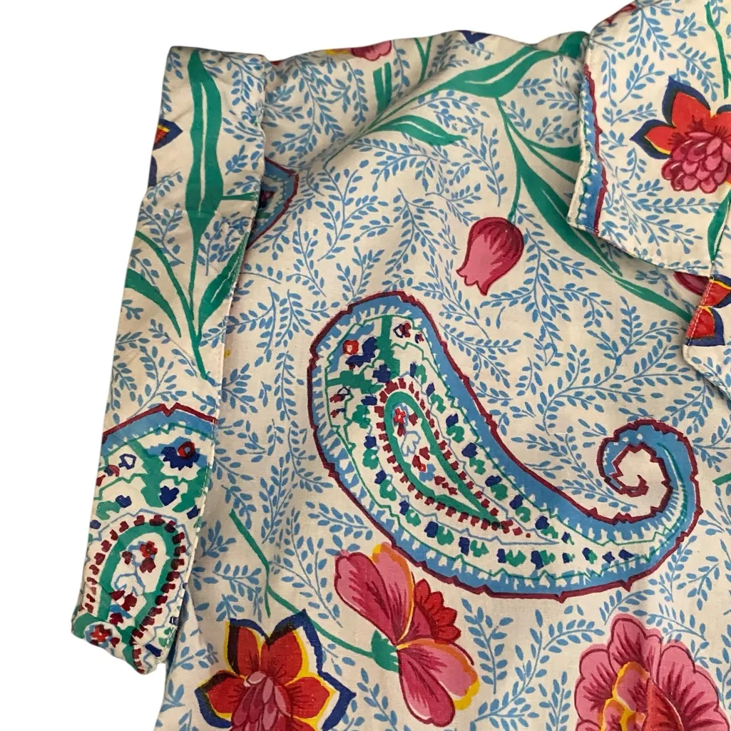 Vintage 100 % Cotton Paisley Floral white blue pink button up shirt top classic Size M - Image 2