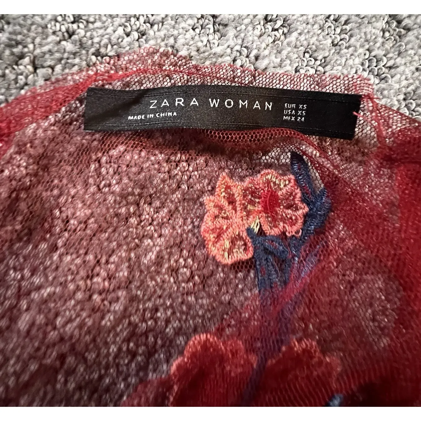 Zara Woman XS Red Floral Embroidered Sheer Mesh Peplum Ruffle Boho Blouse Top - Image 6