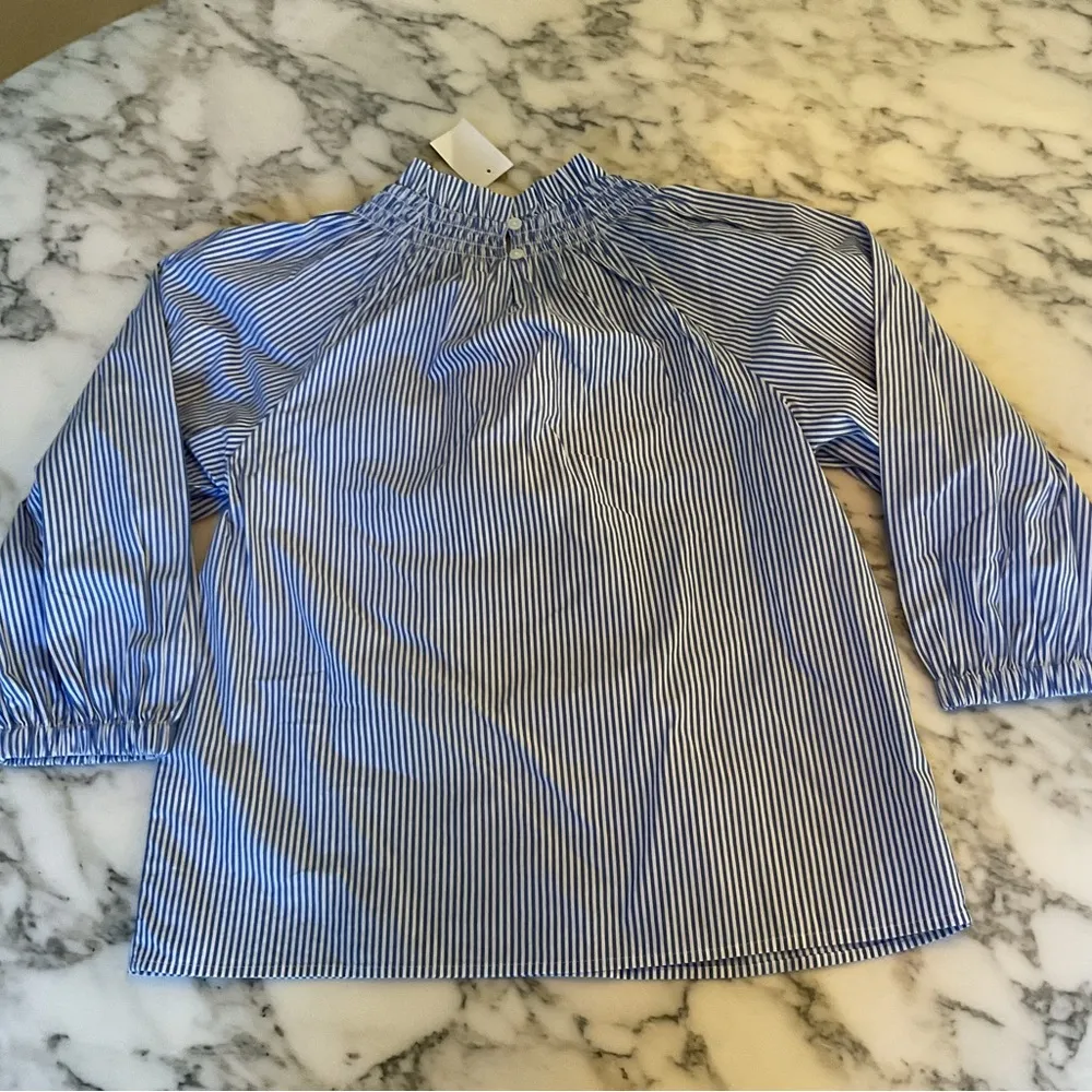 J.CREW Top Women Blue Stripe Smocked Neck Blouse Long Sleeve Sz S Smudge/Hole - Image 4