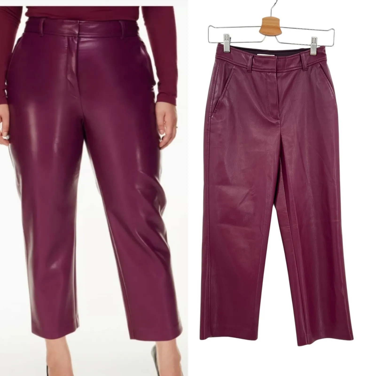 Aritzia Babaton‎ Command Cropped Pants Trouser Vegan Faux Leather Purple Size 0 - Image 2