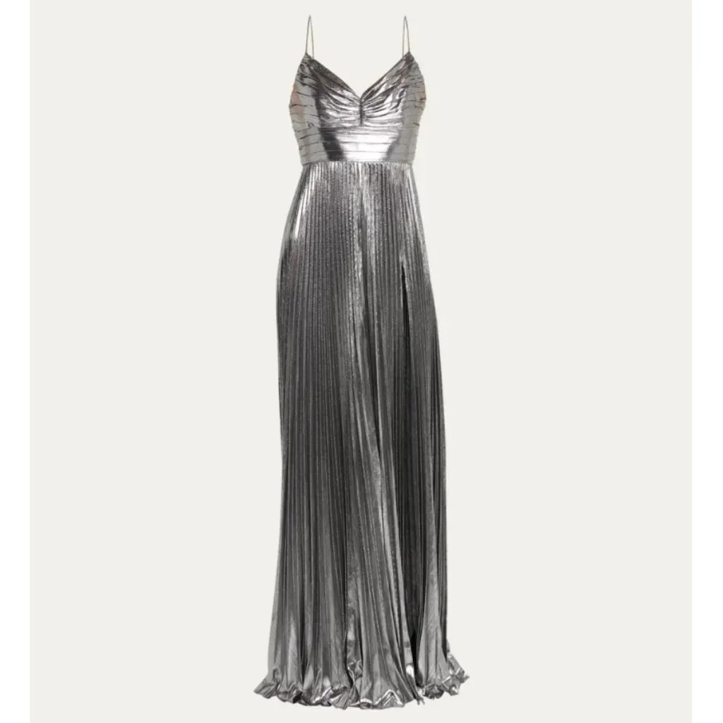 New Retrofête Cherith Metallic Pleated Maxi Gown Gunmetal Silver Size S $650 - Image 8