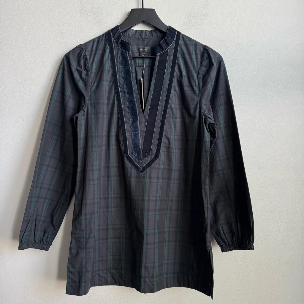 J.Crew Velvet Trimmed V-Neck Tunic in Black Watch Tartan Print Size XXS - Image 3