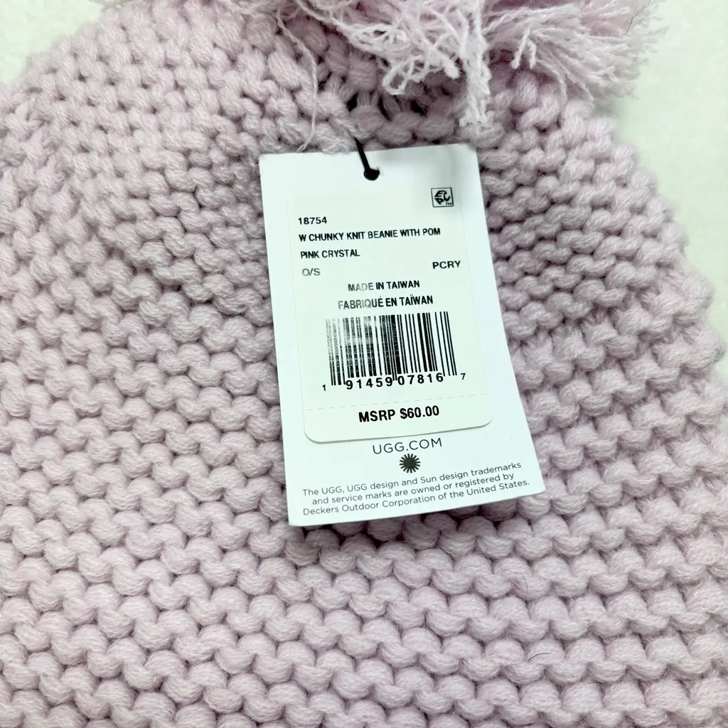 UGG Chunky Crystal Pink Knit Beanie with Pom-Pom O/S - Image 3