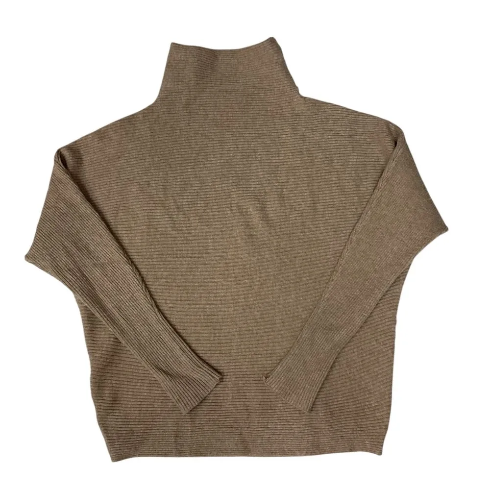 Magaschoni Women's Funnel Neck Ribbed Knit Pullover Sweater Size M Beige Camel - Image 6