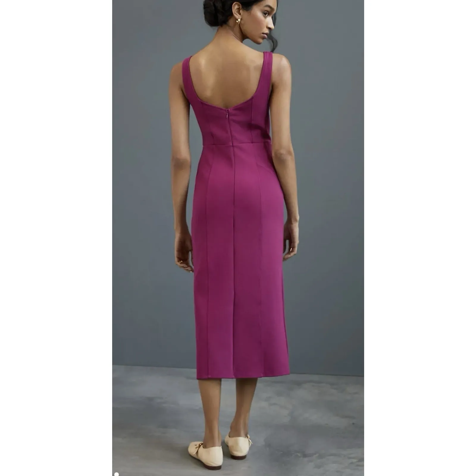Maeve Anthropologie Midi Dress Size 0 Magenta Button Front Fitted Sleeveless - Image 5