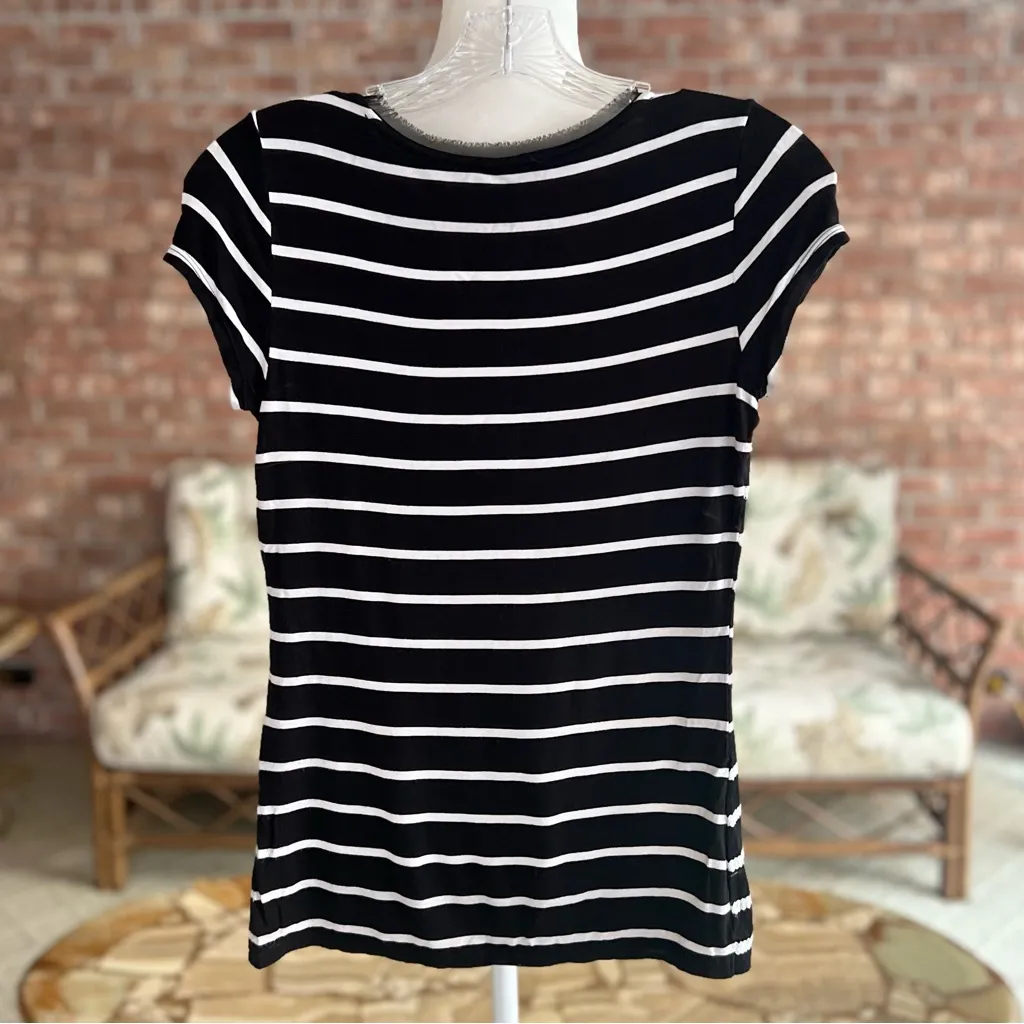WHBM Top Sequin Black White Striped Tee Shirt XXS Party Festive Chic Holiday Mod - Image 7
