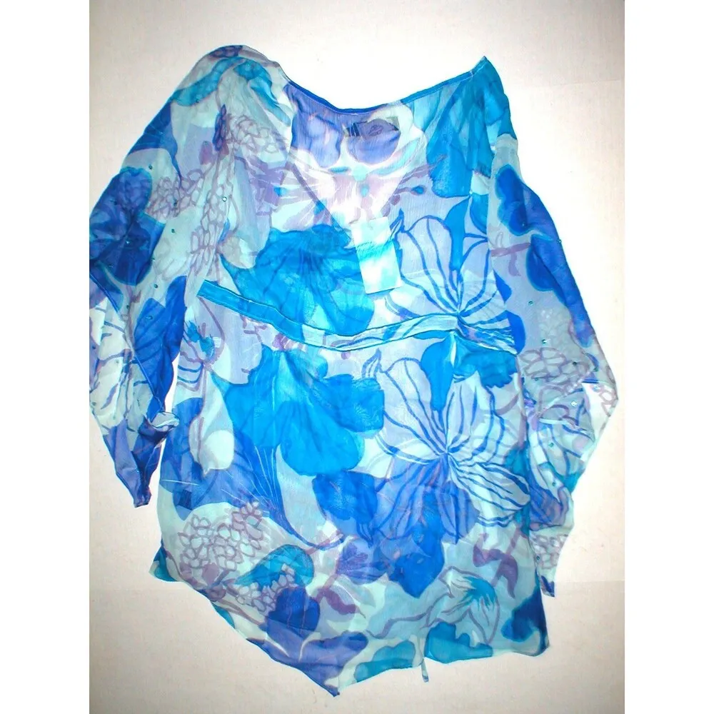 NWT New Silk Tunic Top Womens Antik Batik M Blue Purple Swim Sheer Cover Up Sequ Size M - Image 11