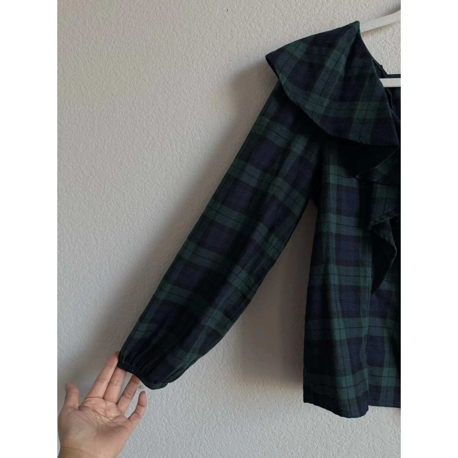 J.Crew Blackwatch Blue Green Flannel Squareneck Ruffle Top Women Size Petite XS - Image 7