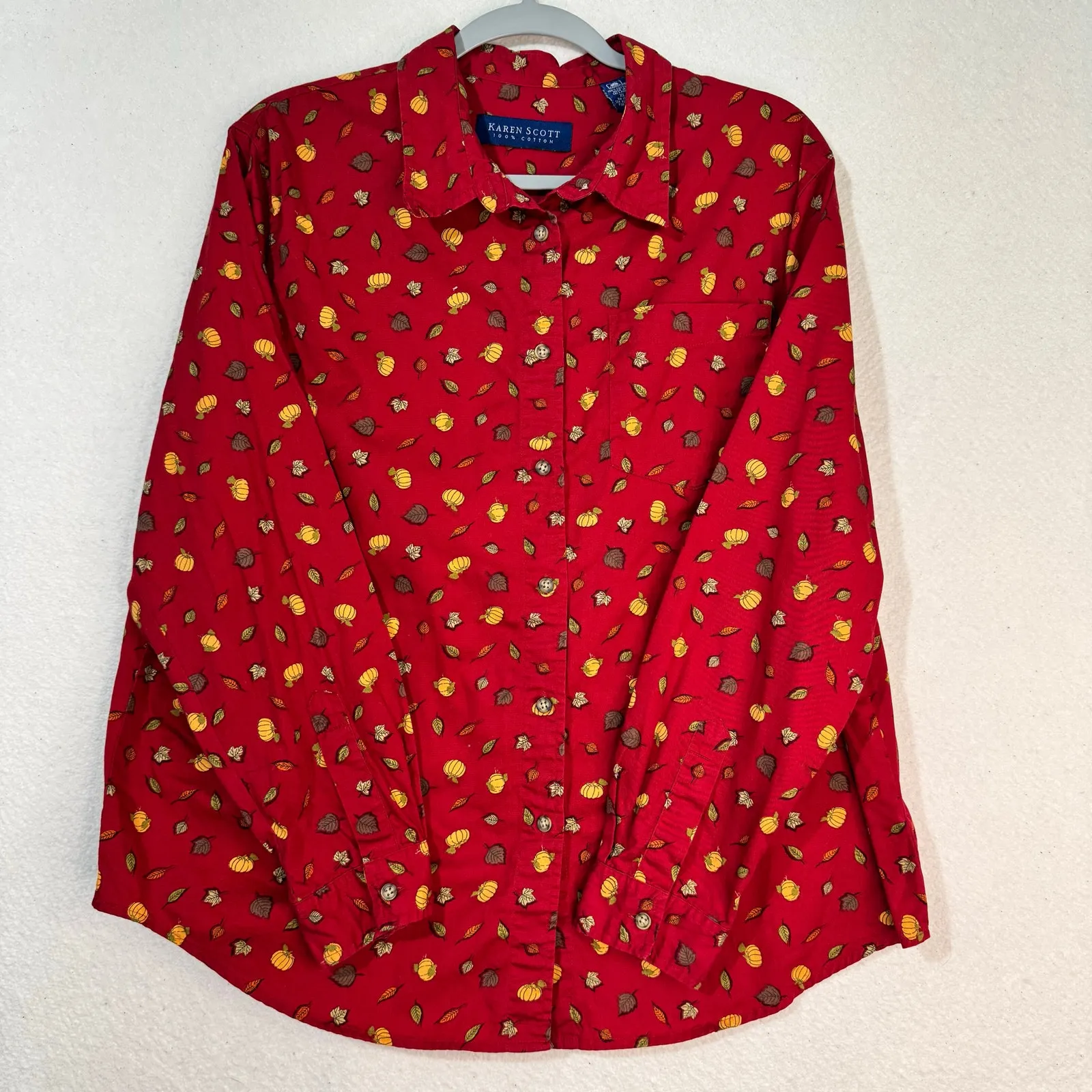 Karen Scott Fall Leaf & Harvest Pumpkin Print Red Button-Up Cotton Shirt X-Large - Image 8
