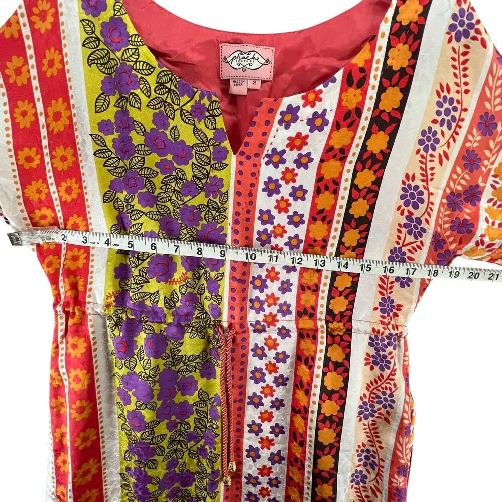 Phoebe Couture Dress 2 Orange Multi Floral Silk Drawstring Boho Chic Eclectic - Image 6