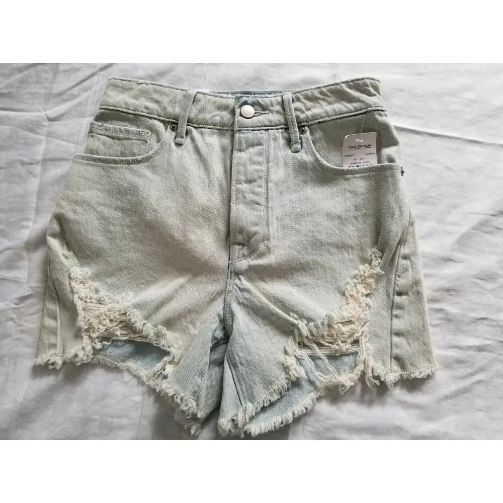 GOOD AMERICAN Bombshell Shorts Denim Blue Button Fly Womens Size 0/25 - Image 2
