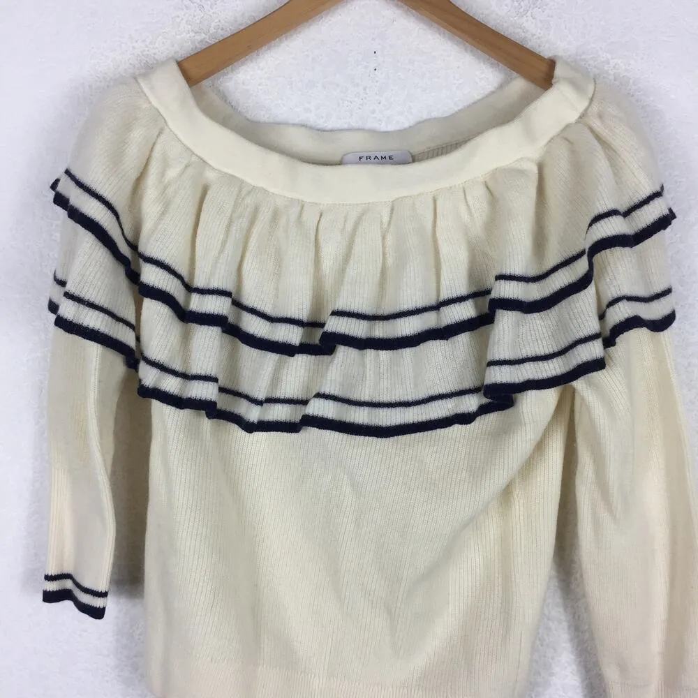 Frame Cream Wool Blend Sweater Small Ruffle One-Shoulder Varsity Stripe - Image 10