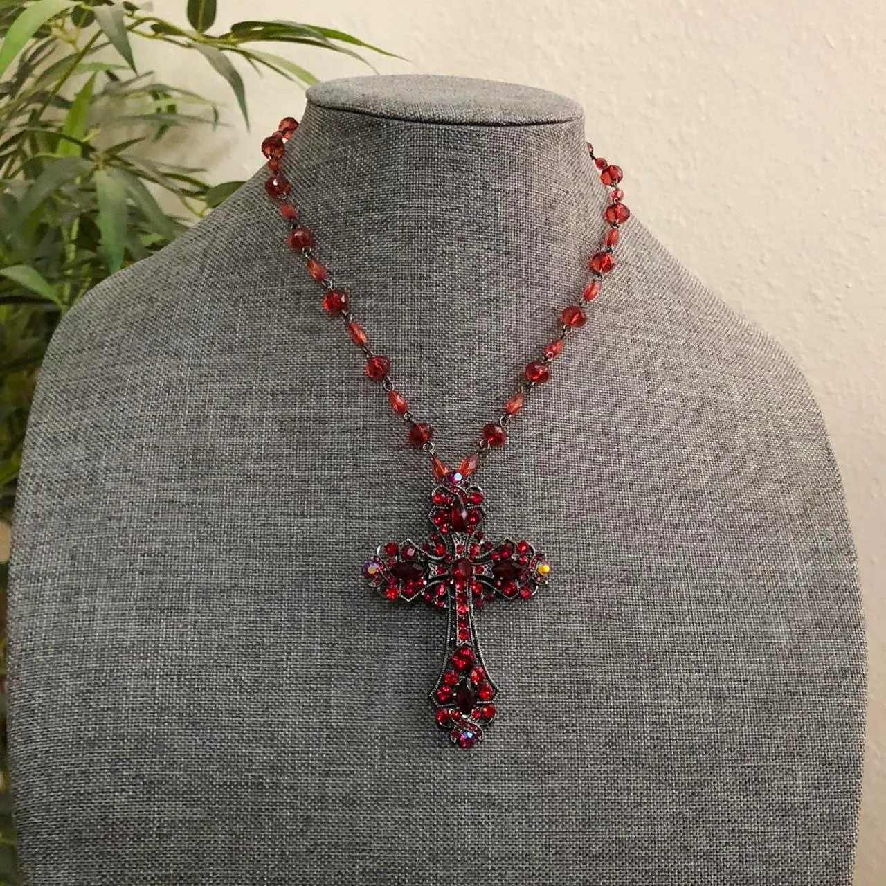 Y2K Gothic Whimsygoth Grunge Red Burgundy Beaded Crystal Rhinestone Large Cross Necklace Choker Pendant Charm #whimsigoth #fleur de lis #skull #heart #bones Measurements pictured - Image 2