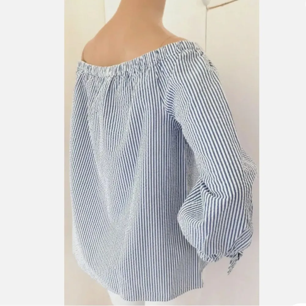 Vineyard Vines Women Off The Shoulder Top Seersucker Blue White Striped Sz 0 A13 - Image 6