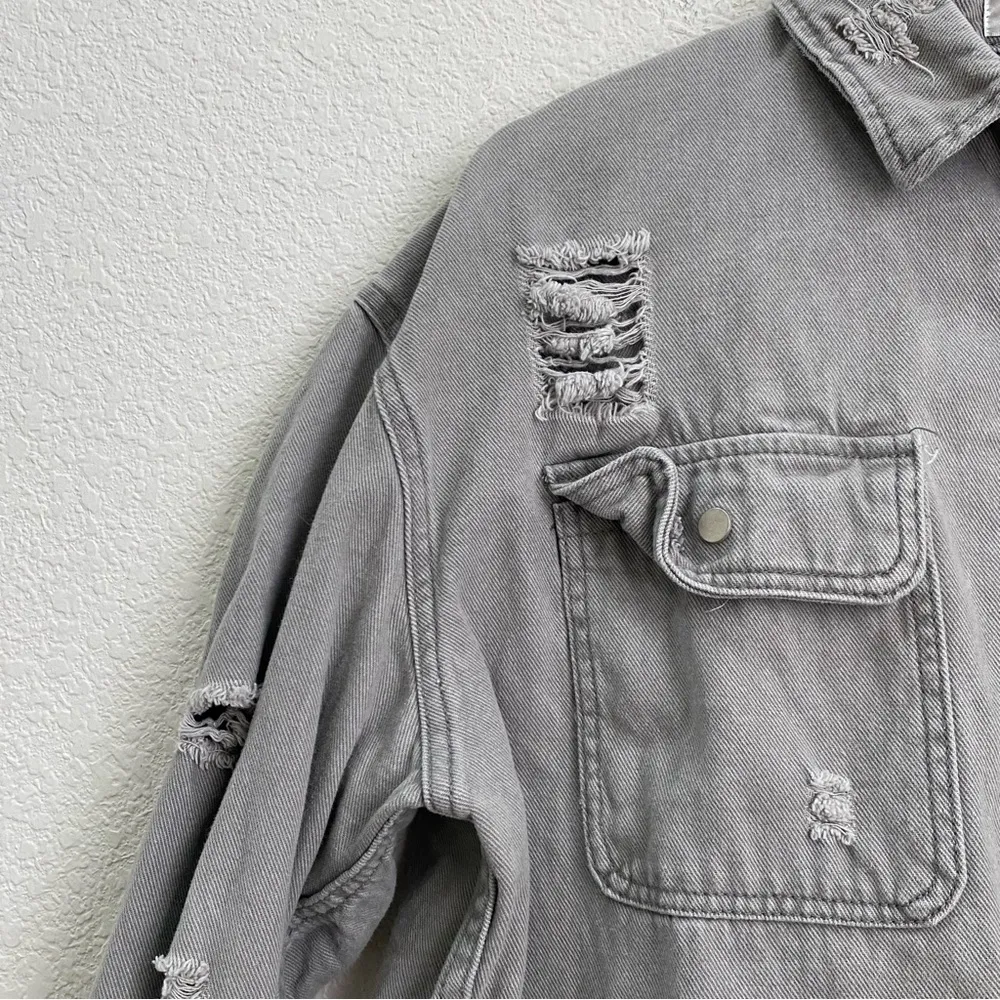 Modern Romantic Distressed Light Gray Denim Button Up LS Shirt One Size fits M/L - Image 3