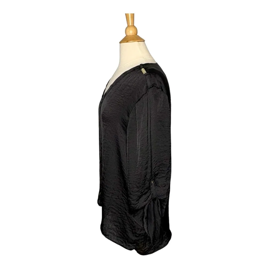 Ellen Tracy Satin Top V-Neck Embellished Roll Tab Sleeve Black Women Size‎ XL - Image 4
