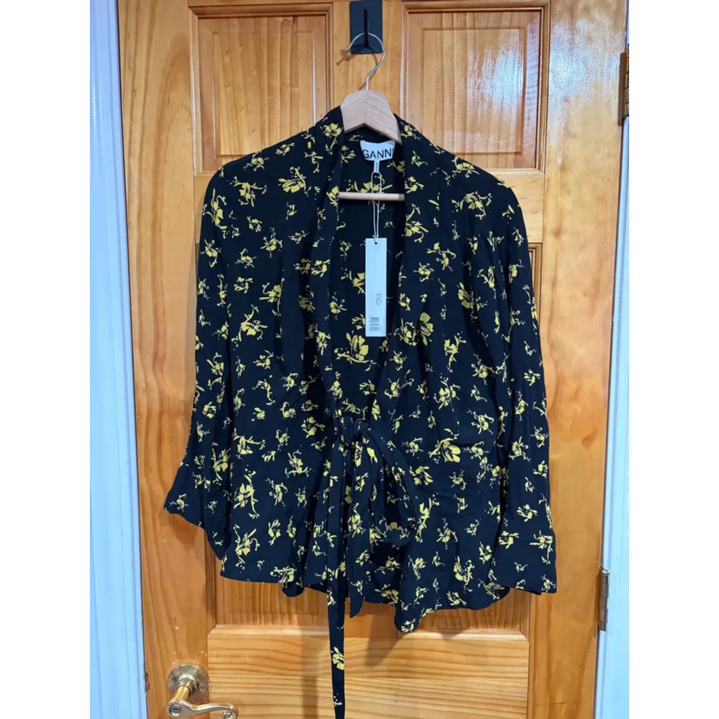 GANNI Floral Crepe Wrap Blouse Yellow Black Size 42 NWT Tie Top - Image 5