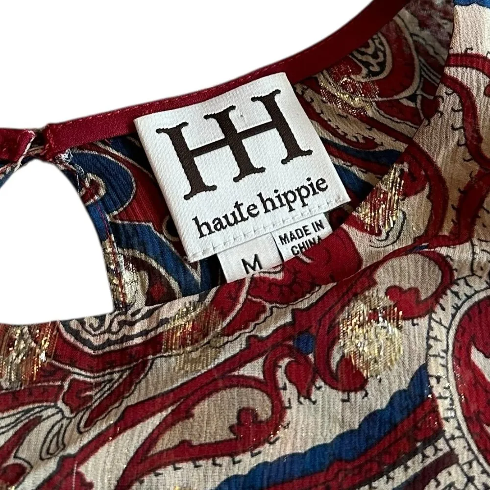 Haute Hippie Silk Long Sleeve Mini Dress Boho Paisley Print Ruffle Size Medium - Image 11