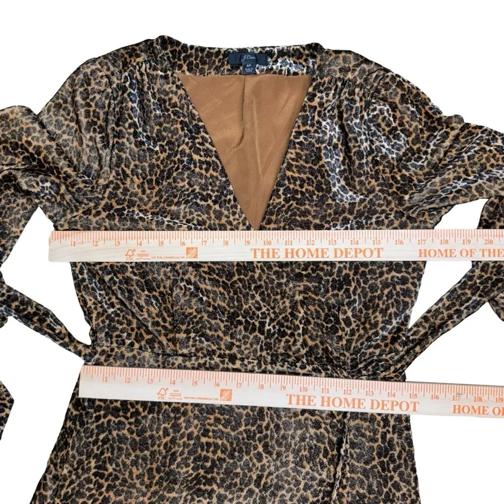 J. Crew Velvet Drapey Wrap Dress Leopard Long Sleeve Size Petite 4 K0145 Career - Image 14