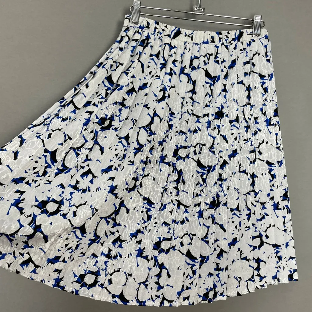 Pleated Skirt Floral Iridescent Blue White Black Women Elastic Waistband‎ Twee - Image 13