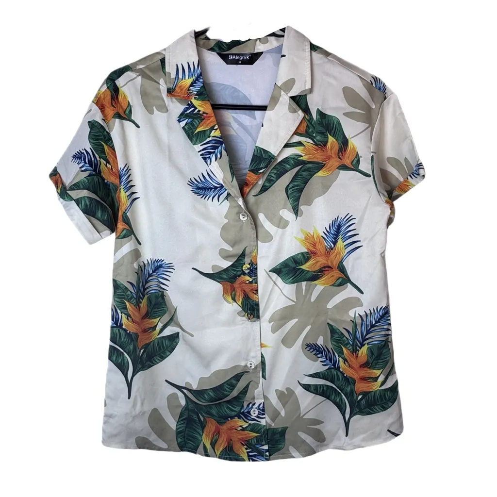 NWT Allegra K Women’s Hawaiian Floral Button Down Short Sleeve Summer Top‎ XS - Image 6