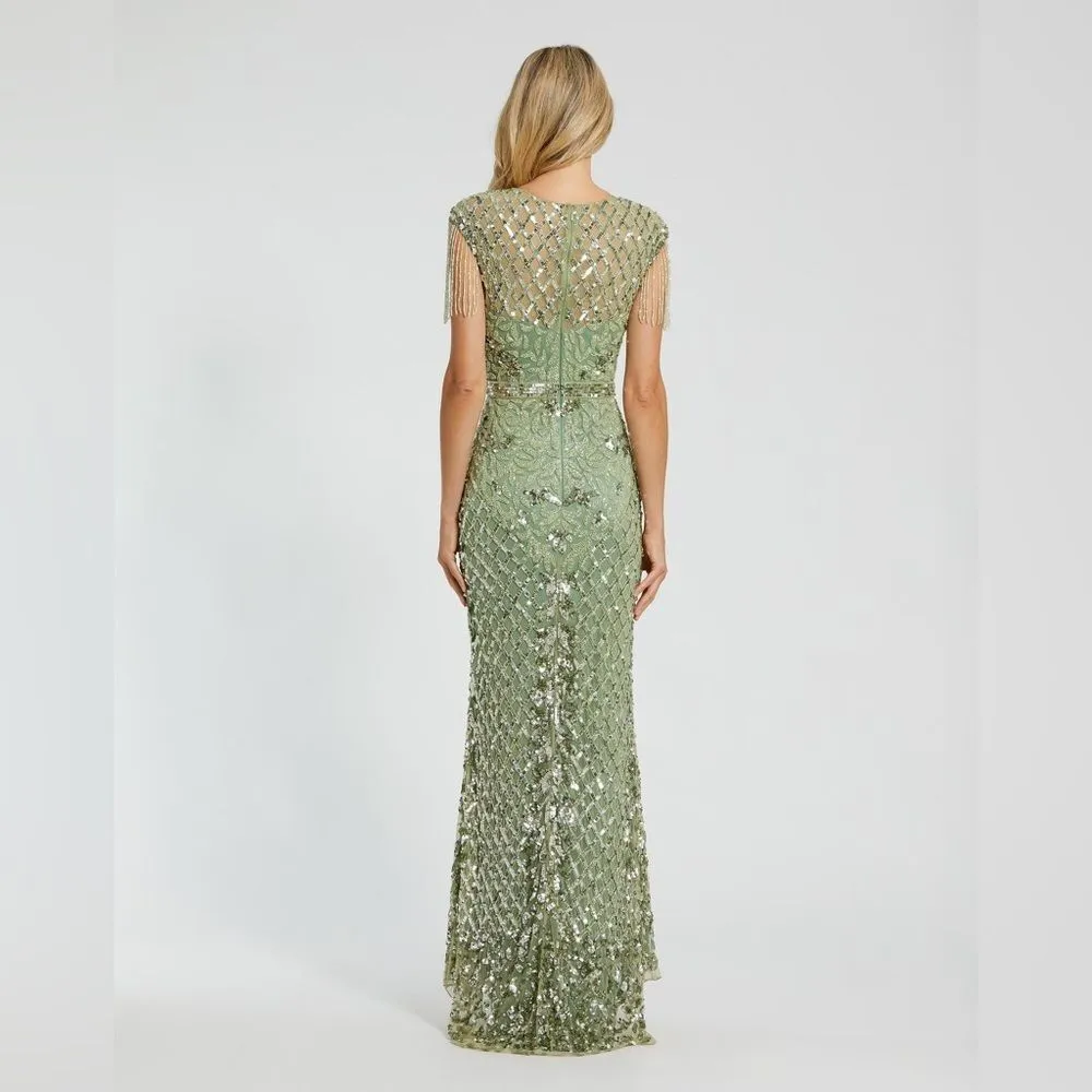 MAC DUGGAL 4908 Green High Neck Sleeveless Beaded Fringe Fitted Gown 4 - Image 4
