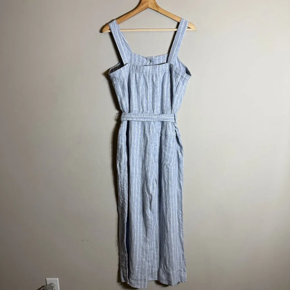 Everlane Linen Striped Button Up Jumpsuit Women's 4 Blue Tie Waist Boho Coastal - Image 11