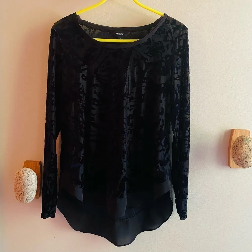 Velvet Burn Out Floral Sheer L/S Curve Hem Fairygoth Whimsigoth Black Navy SMALL - Image 2