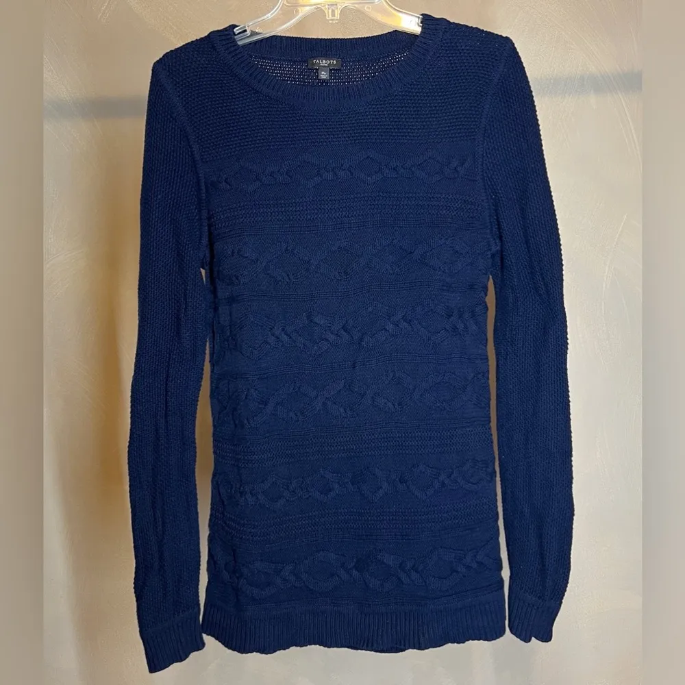 Talbots women’s Navy Pullover long sleeve Button Cuff Cable Knit Sweater|Size:MP - Image 11