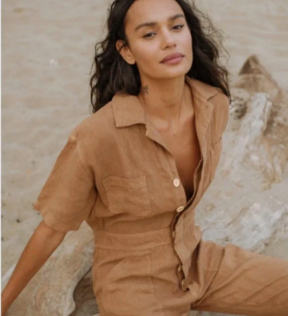 NWT MATE THE LABEL SEDONA 100% LINEN JUMPSUIT TAN SIZE SMALL $218 - Image 3