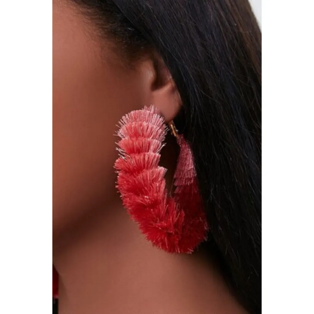 Forever 21 Pink Ombre Fringe Hoop Earrings Boho Round Statement Jewelry OS - Image 7