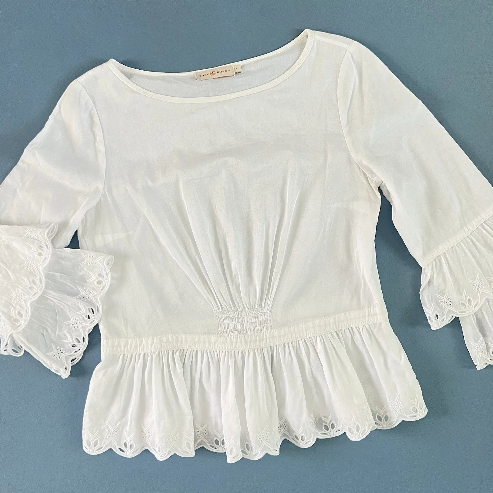 Tory Burch Scallop Hem Eyelet Ruffle White Cotton Blouse - Image 4