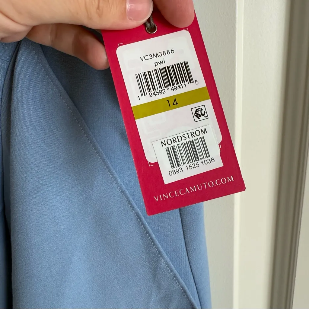 NEW Vince Camuto Asymmetrical Ruffle Light Blue Short Sleeve Fitted Dress Sz 14 - Image 2